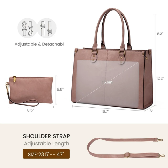 Alt view image 8 of 10 - LOVEVOOK Laptop Tote Bag for Women, 15.6 Inch Large Capacity Vintage Leather Work Computer Bag, Business Casual Shoulder Handbag, Lotus Pink