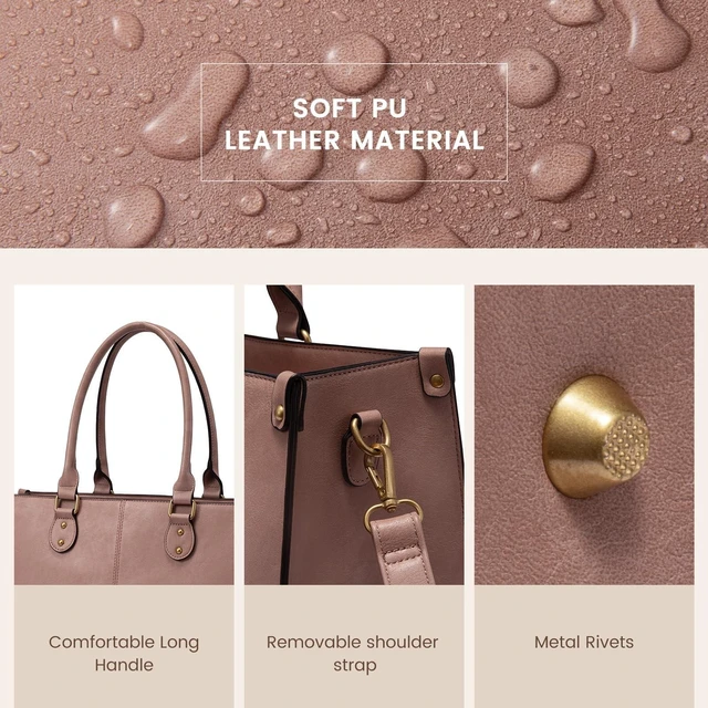 Alt view image 10 of 10 - LOVEVOOK Laptop Tote Bag for Women, 15.6 Inch Large Capacity Vintage Leather Work Computer Bag, Business Casual Shoulder Handbag, Lotus Pink
