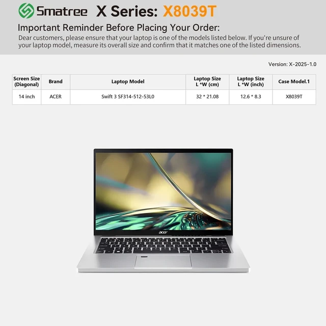 Alt view image 7 of 10 - Smatree Hard EVA Protective Sleeve Case Compatible for 14 inch Acer Swift 3 Laptop - SF314-512-53L0, Waterproof Sleeve Bag (X8039T)
