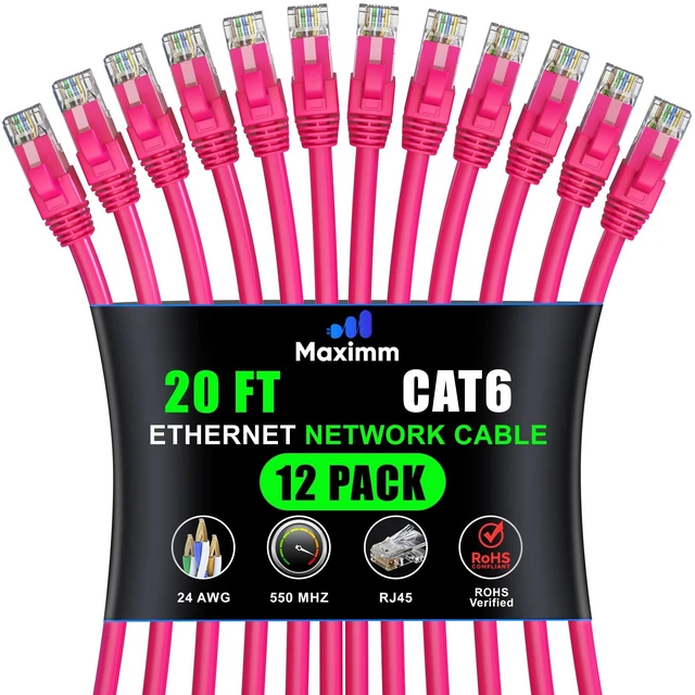 Alt view image 6 of 10 - Maximm Cat 6 Ethernet Cable - 20 ft (12-Pack), High-Speed LAN, Internet, Patch, and Network Cable - UTP, 10Gbps, 550MHz Ethernet Cord - Pink