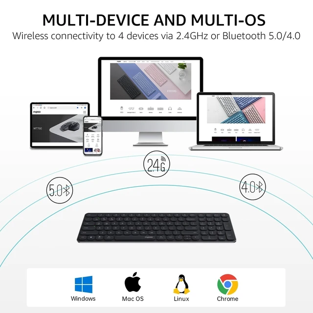 Alt view image 7 of 10 - Rapoo E9310M Wireless Keyboard for Mac/iPad/PC, Multi-Device Bluetooth Keyboard with Number Pad, Low-Profile, Quiet Typing, 99-Key, Battery Powered, Support 4 Devices for Windows, Linux, Chrome