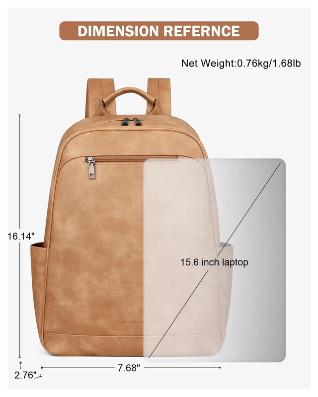 Alt view image 10 of 10 - MASINTOR 15.6 inch Leather Laptop Backpack Purse for Women, Designer Travel and Work Bag with Laptop Compartment Retro Camel
