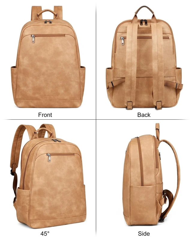 Alt view image 9 of 10 - MASINTOR 15.6 inch Leather Laptop Backpack Purse for Women, Designer Travel and Work Bag with Laptop Compartment Retro Camel