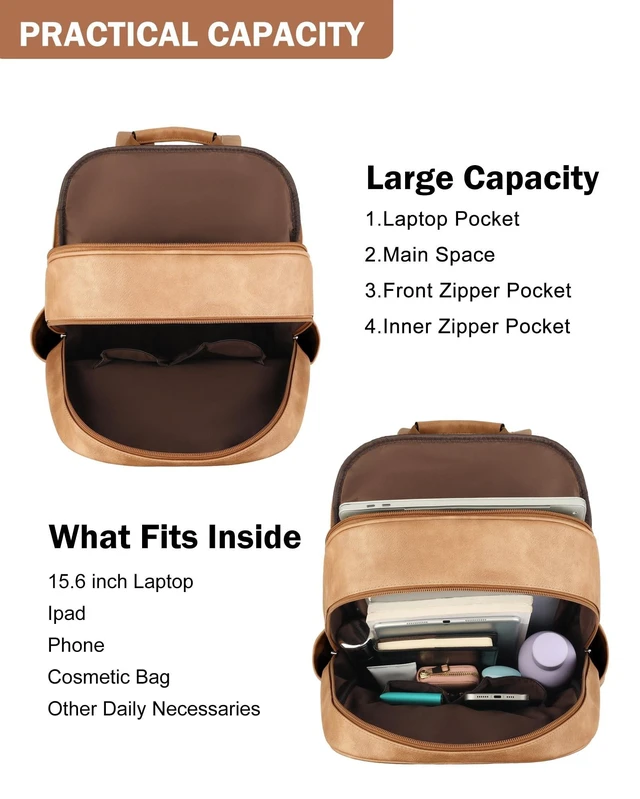 Alt view image 8 of 10 - MASINTOR 15.6 inch Leather Laptop Backpack Purse for Women, Designer Travel and Work Bag with Laptop Compartment Retro Camel