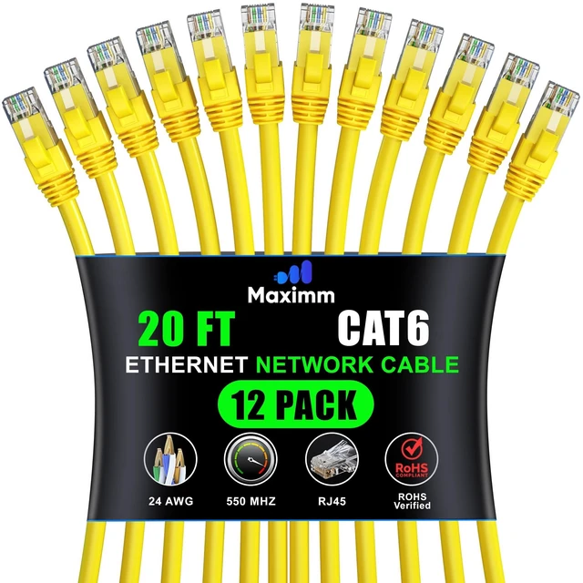 Alt view image 6 of 10 - Maximm Cat 6 Ethernet Cable - 20 ft (12-Pack), High-Speed LAN, Internet, Patch, and Network Cable - UTP, 10Gbps, 550MHz - Yellow