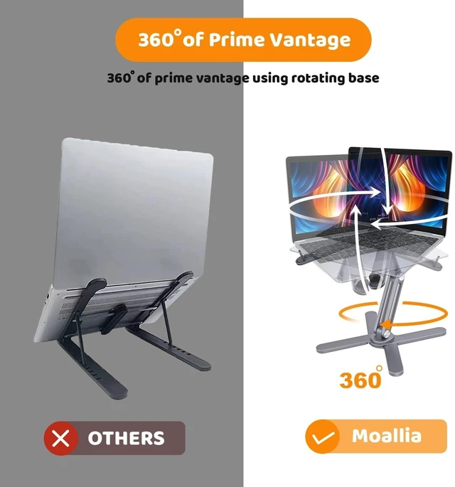 Alt view image 8 of 10 - Moallia Laptop Stand with 360 Rotating Base, Computer Notebook Laptop Riser Metal Holder for Desk Collaborative Work, Fully Foldable for Easy Storage, Fits All MacBook, Laptops up to 16 inches, Grey