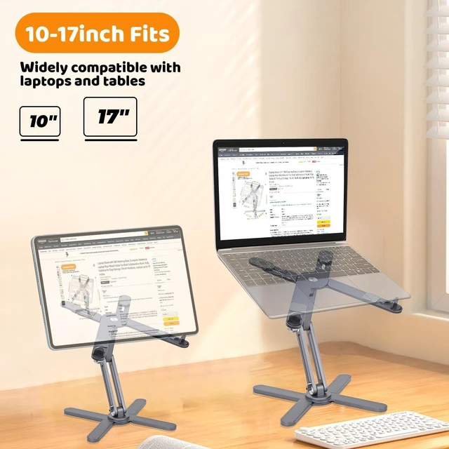 Alt view image 10 of 10 - Moallia Laptop Stand with 360 Rotating Base, Computer Notebook Laptop Riser Metal Holder for Desk Collaborative Work, Fully Foldable for Easy Storage, Fits All MacBook, Laptops up to 16 inches, Grey
