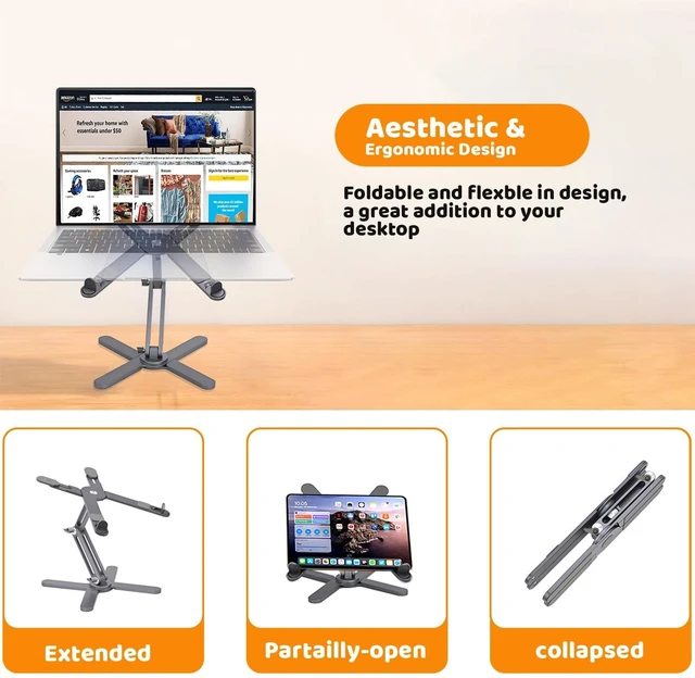 Alt view image 9 of 10 - Moallia Laptop Stand with 360 Rotating Base, Computer Notebook Laptop Riser Metal Holder for Desk Collaborative Work, Fully Foldable for Easy Storage, Fits All MacBook, Laptops up to 16 inches, Grey