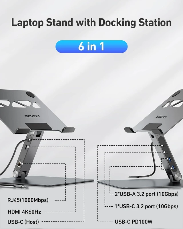 Alt view image 7 of 10 - BENFEI Laptop Stand with USB C 6in1 Docking Station, HDMI 4K@60Hz,Gigabit Ethernet, 100W Power Delivery, 10Gbps 1*USB C 3.2 and 2*USB A 3.2 Compatible with MacBook Pro/Air, iPad Pro, XPS, Thinkpad