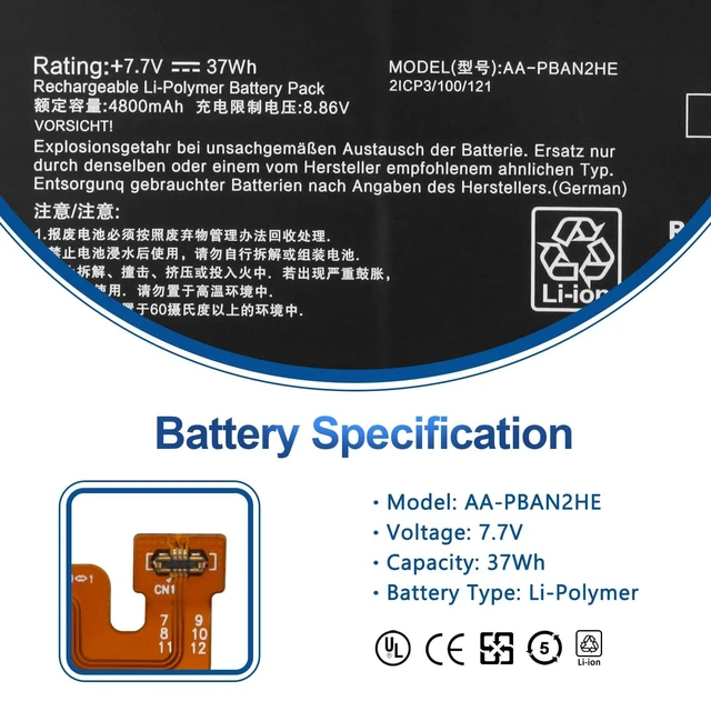 Alt view image 7 of 10 - AA-PBAN2HE Laptop Battery Replacement for Samsung Galaxy Book Go 340XDA NP340XLA-KA4US NP340XLA-KA12US NP340XLA-KA2CA XE340XDA-KA3US-RB XE340XDA-KA1US XE340XDA-KA3 XE340XDA-ka1it 4800mAh 37Wh 7.7V