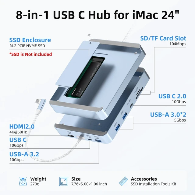 Alt view image 7 of 10 - USB C Hub for iMac 24 inch 2021/2023/2024, 8 in 1 iMac USB Hub with M.2 SSD Expansion (SSD Not Included)with USB A/C 3.2 10Gbps, SD/TF, HDMI iMacM1 M3 M4 Dock Accessories (Blue)