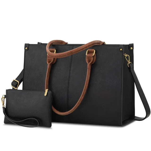 Alt view image 6 of 10 - LOVEVOOK Laptop Tote Bag for Women, 15.6 Inch Large Capacity Vintage Leather Work Computer Bag, Business Casual Shoulder Handbag, Black & Brown
