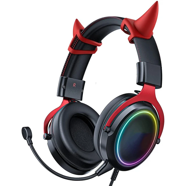 Alt view image 6 of 10 - Denash Cat Ear Headphones, Wired RGB Gaming Headset with Mic, Luminous Noise Reduction Over Ear Cute Headphones for Gamers (Black Red)