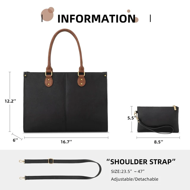 Alt view image 8 of 10 - LOVEVOOK Laptop Tote Bag for Women, 15.6 Inch Large Capacity Vintage Leather Work Computer Bag, Business Casual Shoulder Handbag, Black & Brown