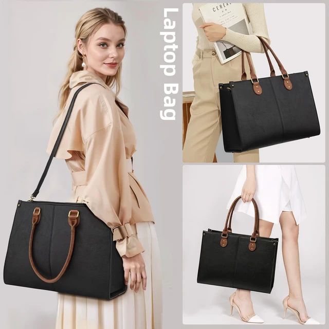 Alt view image 7 of 10 - LOVEVOOK Laptop Tote Bag for Women, 15.6 Inch Large Capacity Vintage Leather Work Computer Bag, Business Casual Shoulder Handbag, Black & Brown