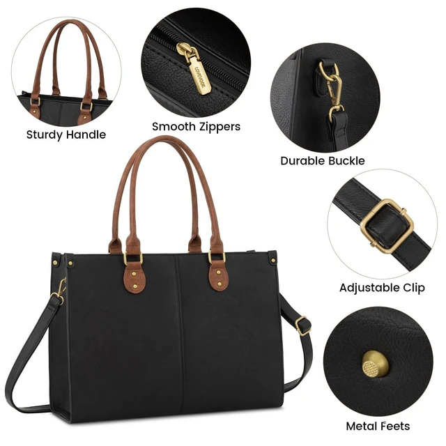 Alt view image 10 of 10 - LOVEVOOK Laptop Tote Bag for Women, 15.6 Inch Large Capacity Vintage Leather Work Computer Bag, Business Casual Shoulder Handbag, Black & Brown