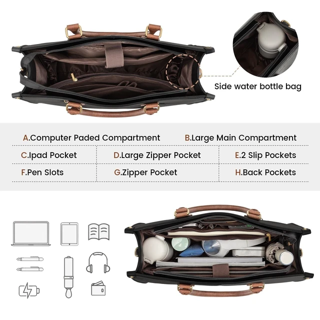 Alt view image 9 of 10 - LOVEVOOK Laptop Tote Bag for Women, 15.6 Inch Large Capacity Vintage Leather Work Computer Bag, Business Casual Shoulder Handbag, Black & Brown
