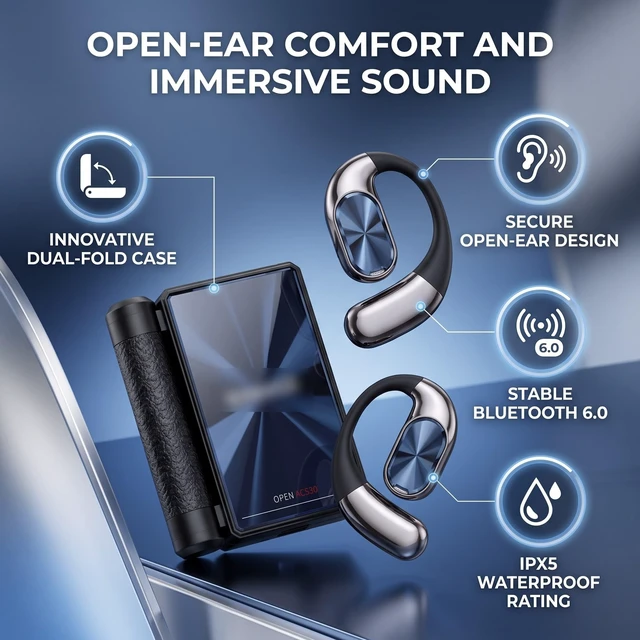 Alt view image 9 of 10 - Jiawu Wireless Earbuds, Bluetooth Headphones with Dual Fold Design, Open Ear Earphones, 60H Playtime, IPX5 Water Proof Headset for Running, Workout, Studying, Travel, Meeting (Black)