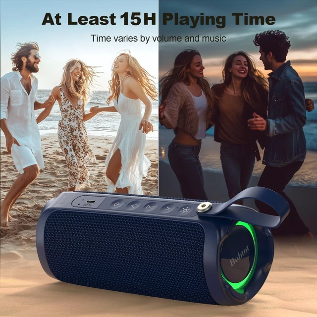 Alt view image 9 of 10 - Bobtot Portable Bluetooth Speaker, IPX6 Waterproof Speaker with Punchy Bass, 15W Loud Sound, RGB, 15H Playtime, Dual Pairing for Party, Camping, Beach, Blue