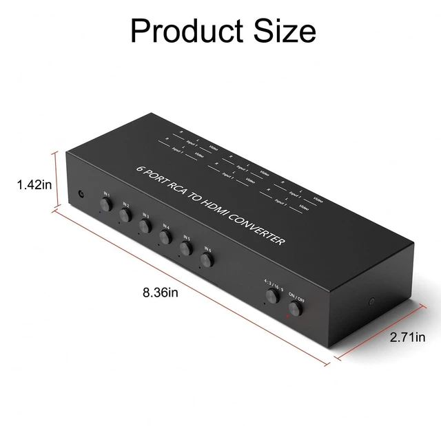 Alt view image 10 of 10 - LVY 6 Port RCA AV to HDMI Converter - 720/1080P Support, 16:9/4:3 Switcher - Compatible with Wii, N64, PS2, PS3, VHS, VCR, DVD Players (6AV Input, 1 HDMI Output)