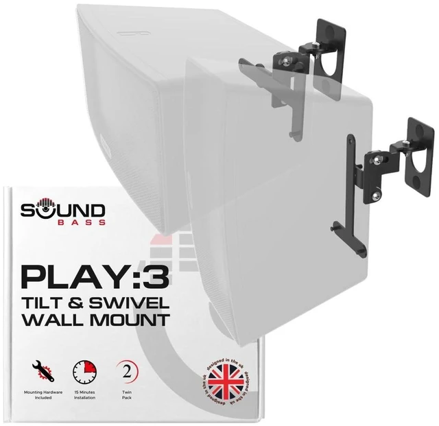 Alt view image 6 of 10 - Sound Bass Play 3 Wall Mount Black Pair, Compatible with Sonos Play:3 Only, Twin Pack, Adjustable Swivel & Tilt Mechanism, 2 Mounting Brackets Includes All Fixings