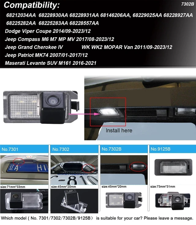 Alt view image 7 of 10 - HD Car Rear View Backup Camera Vehicle-Specific License Plate Light Reverse Camera, for Dodge Viper Coupe Jeep Compass M6 M7 MP MV Grand Cherokee IV WK WK2 Mopar Van Patriot MK74 Levante SUV