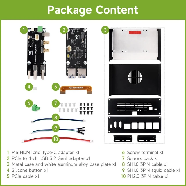 Alt view image 7 of 10 - Waveshare Multi-Functional All-in-One Mini-Computer Kit, Compatible with Raspberry Pi 5, Aluminum Alloy Case, Comes with PCIe to 4-ch USB 3.2 Gen1 Adapter