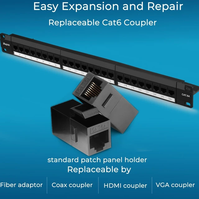 Alt view image 8 of 10 - Rapink Patch Panel 24 Port Cat6A with Inline Keystone 10G Support, Pass-Thru Coupler UTP 19-Inch with Removable Back Bar, 1U Network Patch Panel for Cat6a,Cat6, Cat5e, Cat5 Cabling