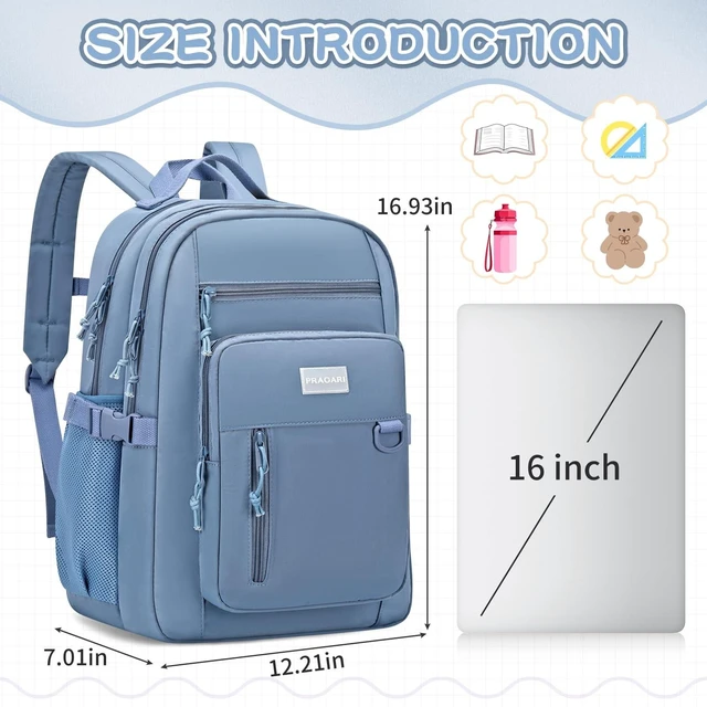 Alt view image 7 of 10 - PRAGARI Kids Backpack for School Cute Aesthetic Blue Backpack Girls Student Bookbag Women Travel Lightweight Book Bag