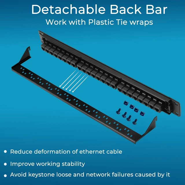 Alt view image 10 of 10 - Rapink Patch Panel 24 Port Cat6A with Inline Keystone 10G Support, Pass-Thru Coupler UTP 19-Inch with Removable Back Bar, 1U Network Patch Panel for Cat6a,Cat6, Cat5e, Cat5 Cabling