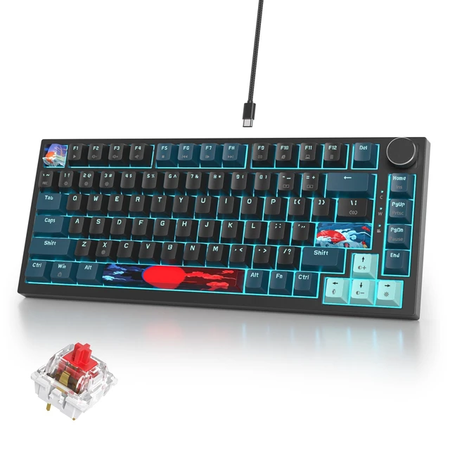 Alt view image 6 of 10 - iRoboosta 75% Mechanical Gaming Keyboard, Hot Swappable RGB Backlit Custom With Knob, Gasket Mount USB Wired, 82 Keys Black Blue Linear Red Switch (82 Black Blue)