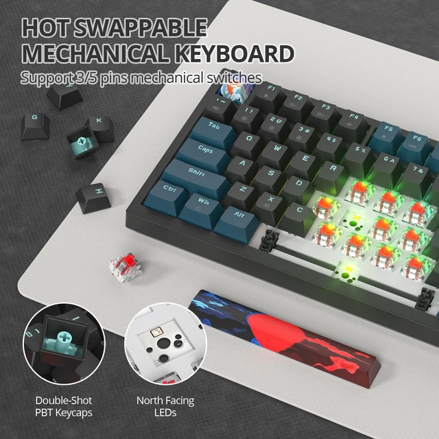 Alt view image 7 of 10 - iRoboosta 75% Mechanical Gaming Keyboard, Hot Swappable RGB Backlit Custom With Knob, Gasket Mount USB Wired, 82 Keys Black Blue Linear Red Switch (82 Black Blue)