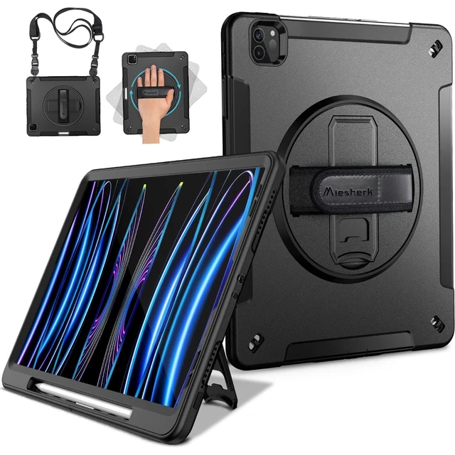 Alt view image 6 of 10 - Miesherk iPad Pro 11 Case 2022/2021: 4th Gen Military Grade Heavy Duty Shockproof Rotating Stand + Hand/Shoulder Strap, Black