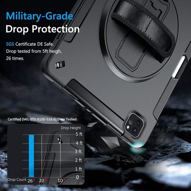 Alt view image 7 of 10 - Miesherk iPad Pro 11 Case 2022/2021: 4th Gen Military Grade Heavy Duty Shockproof Rotating Stand + Hand/Shoulder Strap, Black