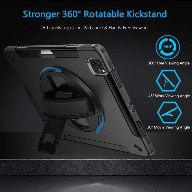 Alt view image 10 of 10 - Miesherk iPad Pro 11 Case 2022/2021: 4th Gen Military Grade Heavy Duty Shockproof Rotating Stand + Hand/Shoulder Strap, Black