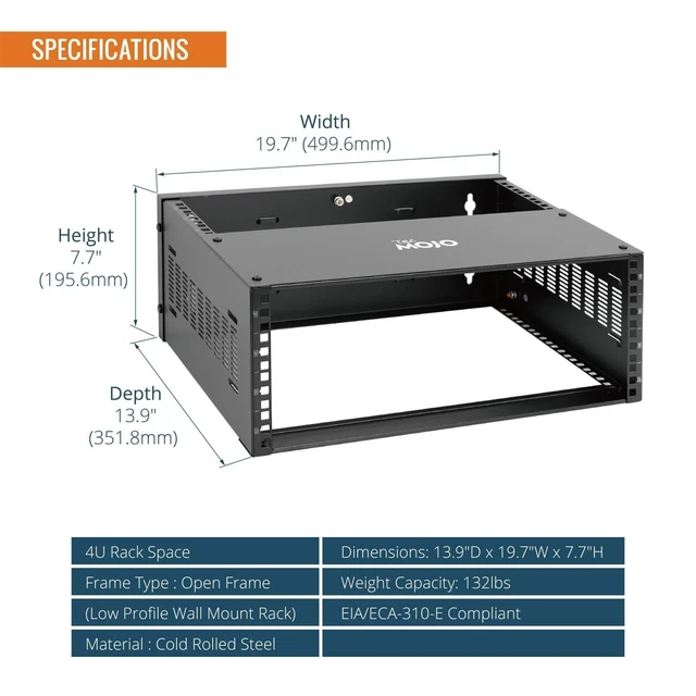 Alt view image 7 of 10 - Tecmojo 4U Wall Mount Rack,4U Rack 13.9 inch Depth,132lbs(60kg) Weight Capacity,19" Network Rack for Shallow Server and IT Equipment, Network Switches,Patch Panel Bracket,Black