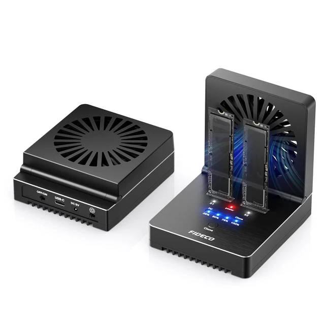 Alt view image 6 of 10 - FIDECO M.2 NVMe SATA SSD Cloner Dock, USB 3.2 Gen 2 X 2, 20Gbps NVMe Cloner Duplicator with Foldable Cooling Fan, Support Offline Clone, UASP and Trim, Aluminum Design