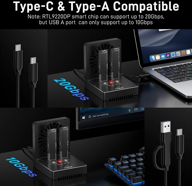 Alt view image 7 of 10 - FIDECO M.2 NVMe SATA SSD Cloner Dock, USB 3.2 Gen 2 X 2, 20Gbps NVMe Cloner Duplicator with Foldable Cooling Fan, Support Offline Clone, UASP and Trim, Aluminum Design