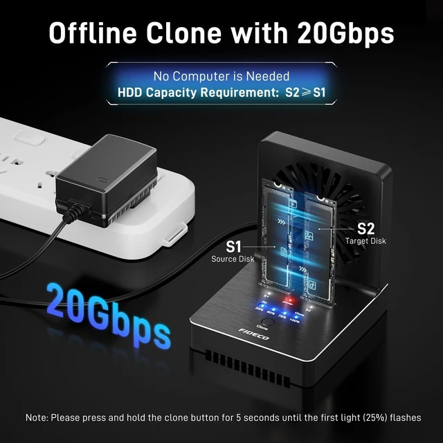 Alt view image 8 of 10 - FIDECO M.2 NVMe SATA SSD Cloner Dock, USB 3.2 Gen 2 X 2, 20Gbps NVMe Cloner Duplicator with Foldable Cooling Fan, Support Offline Clone, UASP and Trim, Aluminum Design