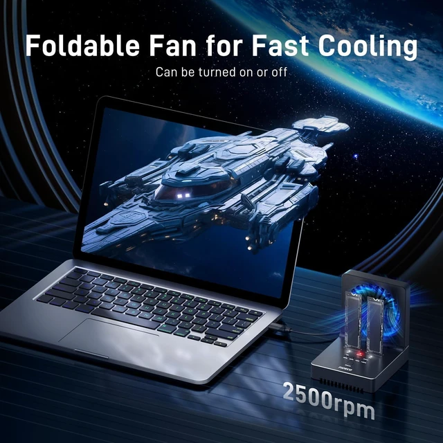 Alt view image 9 of 10 - FIDECO M.2 NVMe SATA SSD Cloner Dock, USB 3.2 Gen 2 X 2, 20Gbps NVMe Cloner Duplicator with Foldable Cooling Fan, Support Offline Clone, UASP and Trim, Aluminum Design