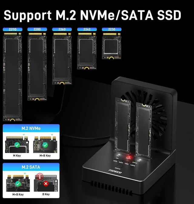 Alt view image 10 of 10 - FIDECO M.2 NVMe SATA SSD Cloner Dock, USB 3.2 Gen 2 X 2, 20Gbps NVMe Cloner Duplicator with Foldable Cooling Fan, Support Offline Clone, UASP and Trim, Aluminum Design