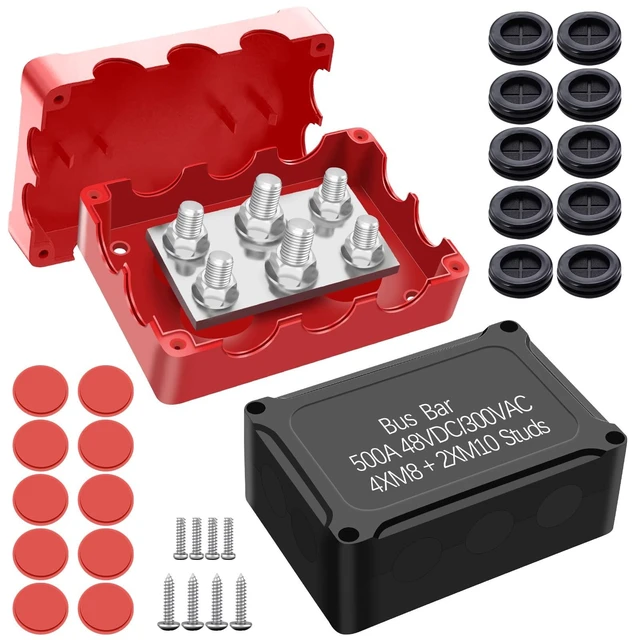 Alt view image 6 of 10 - Aienxn 500A Marine Bus Bar Heavy Duty Power Distribution Block, Battery Busbar, Waterproof Automotive Buss Bar with 4X 5/16" (M8) +2X 3/8" (M10) Studs for Car, Boat and Solar Wiring (Black+Red)