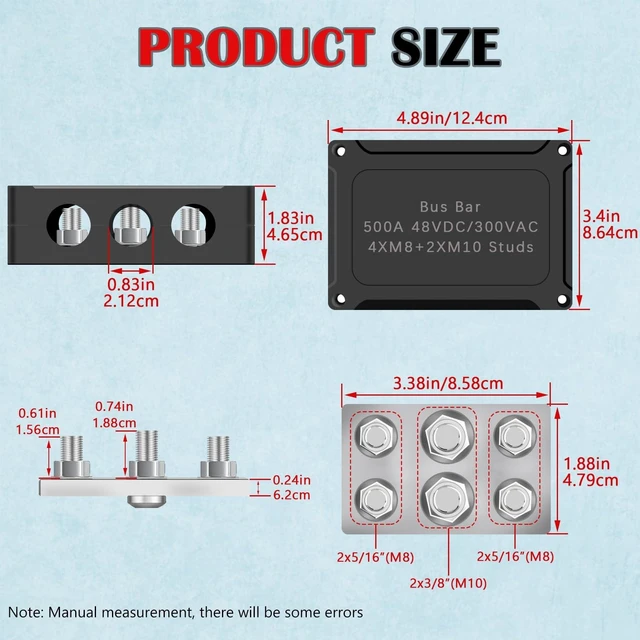 Alt view image 7 of 10 - Aienxn 500A Marine Bus Bar Heavy Duty Power Distribution Block, Battery Busbar, Waterproof Automotive Buss Bar with 4X 5/16" (M8) +2X 3/8" (M10) Studs for Car, Boat and Solar Wiring (Black+Red)