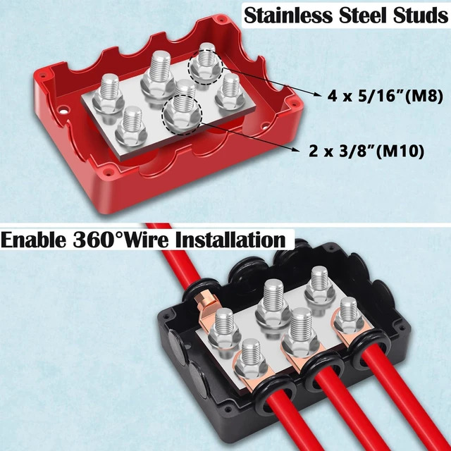 Alt view image 8 of 10 - Aienxn 500A Marine Bus Bar Heavy Duty Power Distribution Block, Battery Busbar, Waterproof Automotive Buss Bar with 4X 5/16" (M8) +2X 3/8" (M10) Studs for Car, Boat and Solar Wiring (Black+Red)