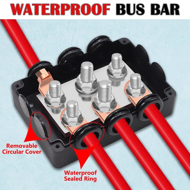 Alt view image 9 of 10 - Aienxn 500A Marine Bus Bar Heavy Duty Power Distribution Block, Battery Busbar, Waterproof Automotive Buss Bar with 4X 5/16" (M8) +2X 3/8" (M10) Studs for Car, Boat and Solar Wiring (Black+Red)