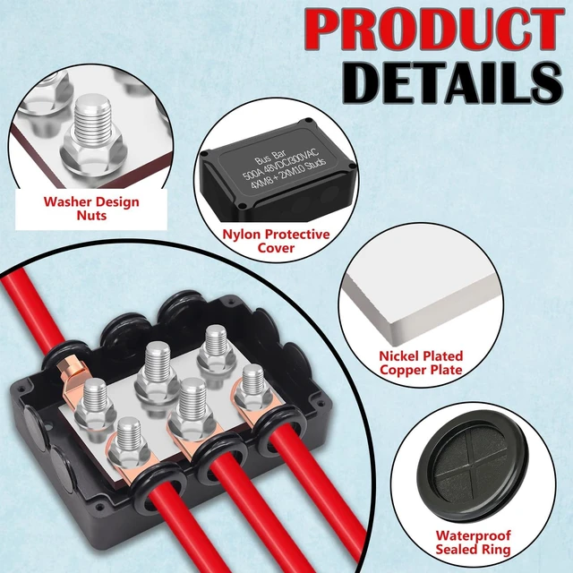 Alt view image 10 of 10 - Aienxn 500A Marine Bus Bar Heavy Duty Power Distribution Block, Battery Busbar, Waterproof Automotive Buss Bar with 4X 5/16" (M8) +2X 3/8" (M10) Studs for Car, Boat and Solar Wiring (Black+Red)
