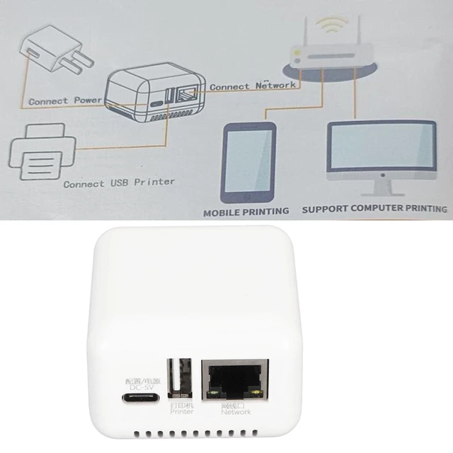 Alt view image 8 of 10 - Print Server, LAN USB 2.0 Printer Server Adapter, 1 Port N USB 2.0 Network Print Server with Type C and USB Port for for Linux 3.4 (US Plug)