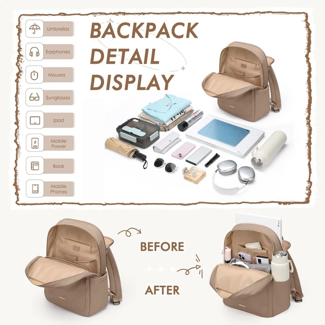 Alt view image 8 of 10 - GOLF QUALITY Laptop Backpack for Women,Casual Work Business Backpacks Purse Carry on Travel Backpack,15.6 Inch,Champagne Brown