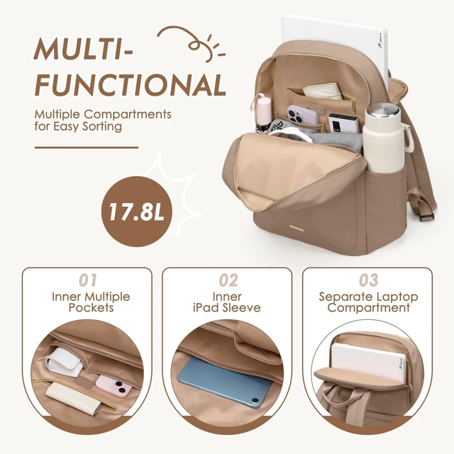 Alt view image 10 of 10 - GOLF QUALITY Laptop Backpack for Women,Casual Work Business Backpacks Purse Carry on Travel Backpack,15.6 Inch,Champagne Brown