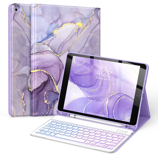 Alt view image 6 of 10 - Soke for iPad 9th/8th/7th Generation Case with Keyboard 10.2 Inch-7 Color Backlitght Magnetic Wireless Detachable Folio Keyboard Cover with Pencil Holder for Apple iPad Gen 9/8/7, Violet Marble